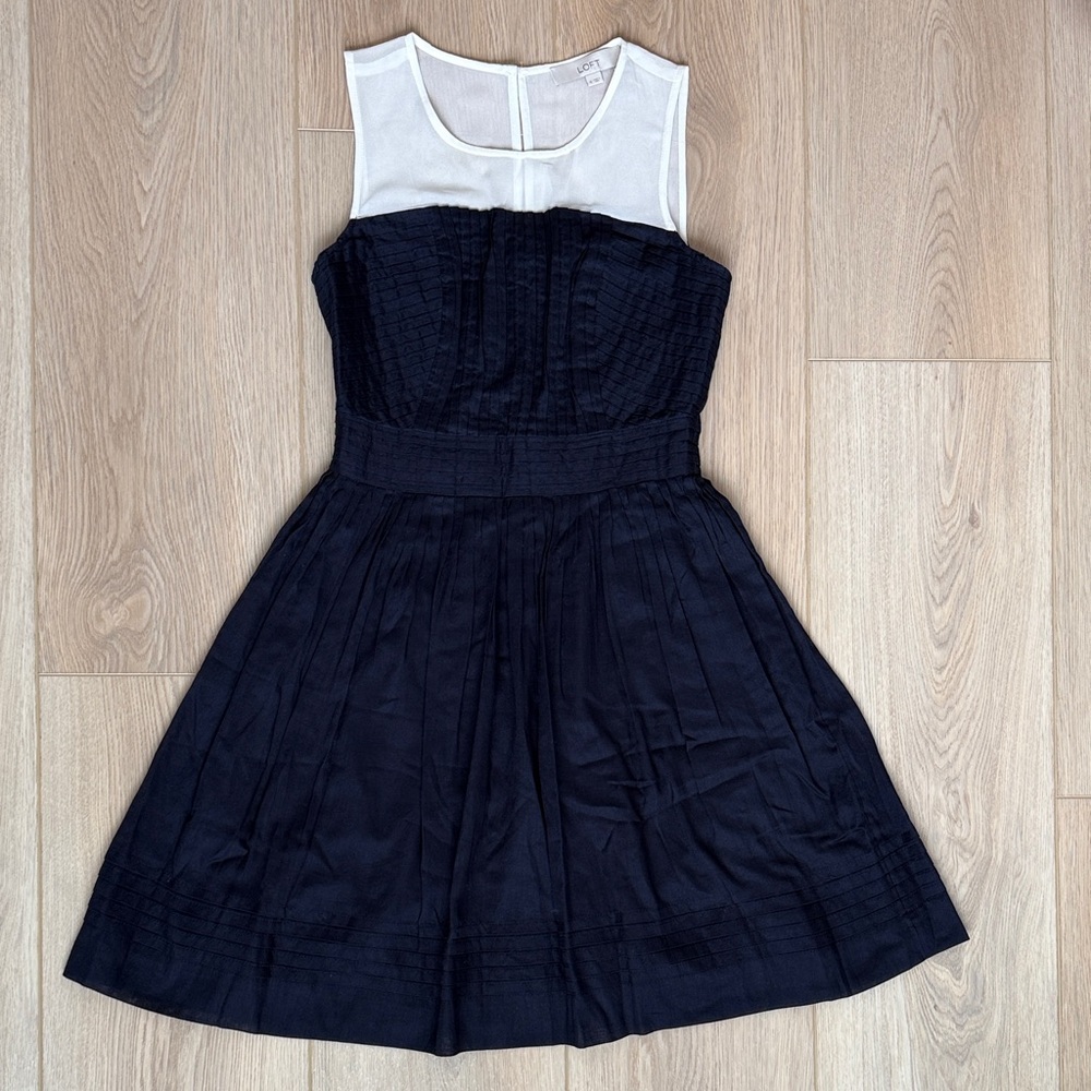 LOFT Sundress Sleeveless Ivory Mesh Navy Blue Pin-tuck Pleated A-Line Midi Dress